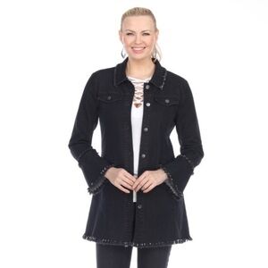 AZI Jeans Dark Wash Distressed Long Jean Jacket Raw Fringe Hem